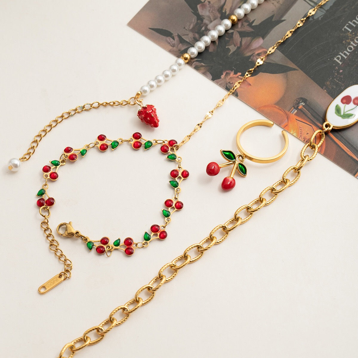 18K Gold Waterproof Red Cherry Trendy Hand Jewelry Chain Bracelet
