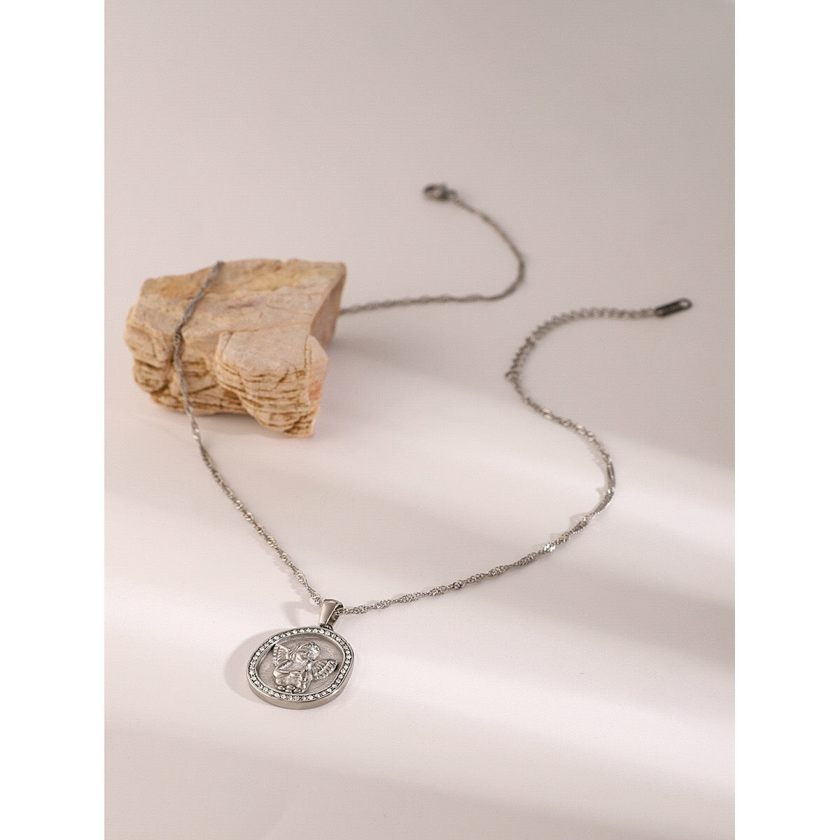 18K Gold Cupid Coin Pendant CZ Necklace
