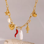 18K Gold Summer Beach Pearl Italian Horn Charm Necklace