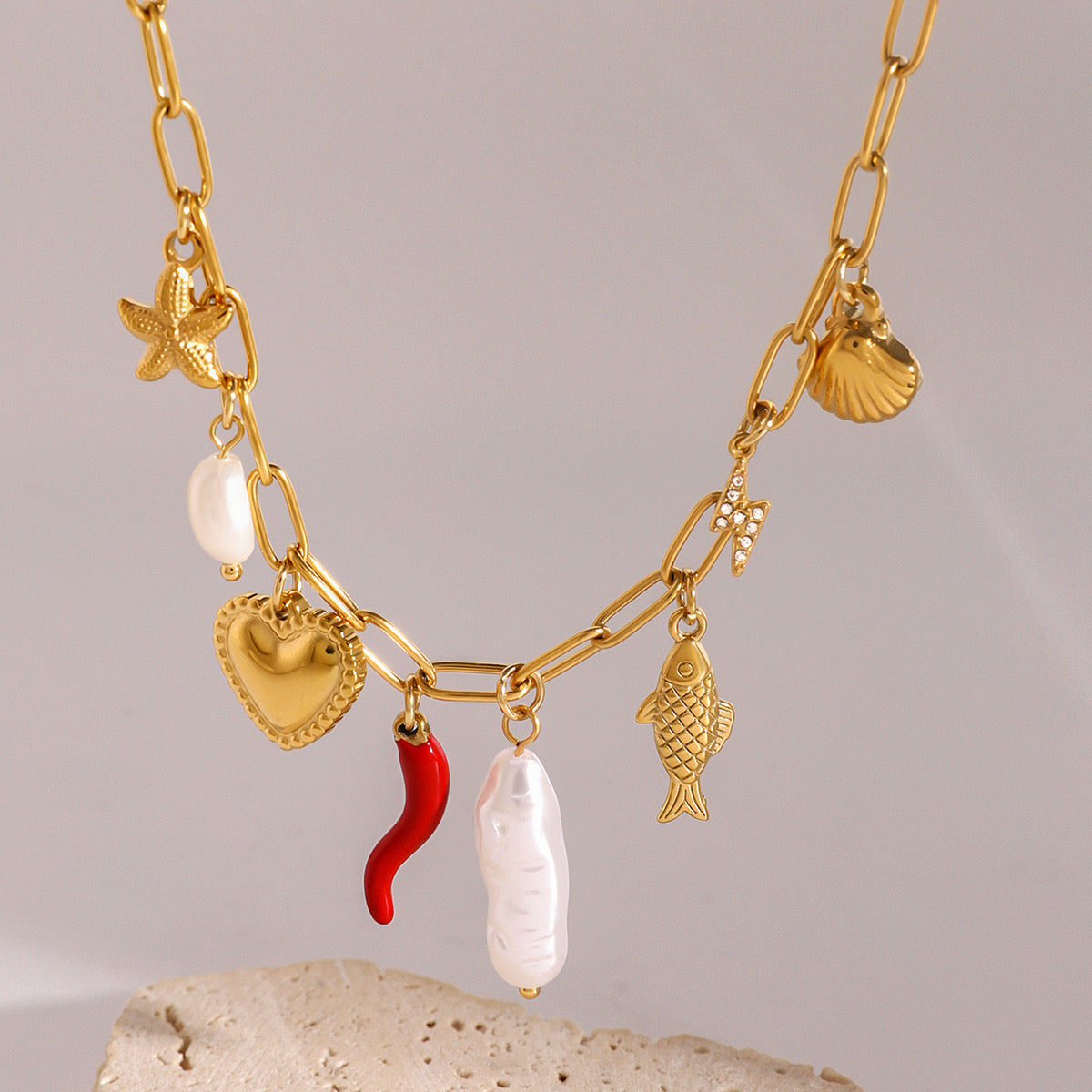 18K Gold Summer Beach Pearl Italian Horn Charm Necklace