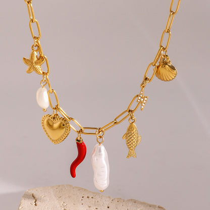 18K Gold Summer Beach Pearl Italian Horn Charm Necklace