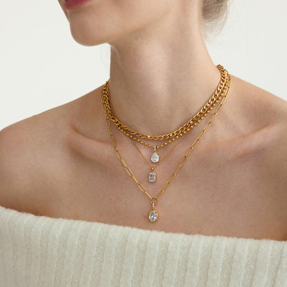 18K Gold Minimal Glow CZ Pendant Paperclip Beaded Chain Layered Necklace Set