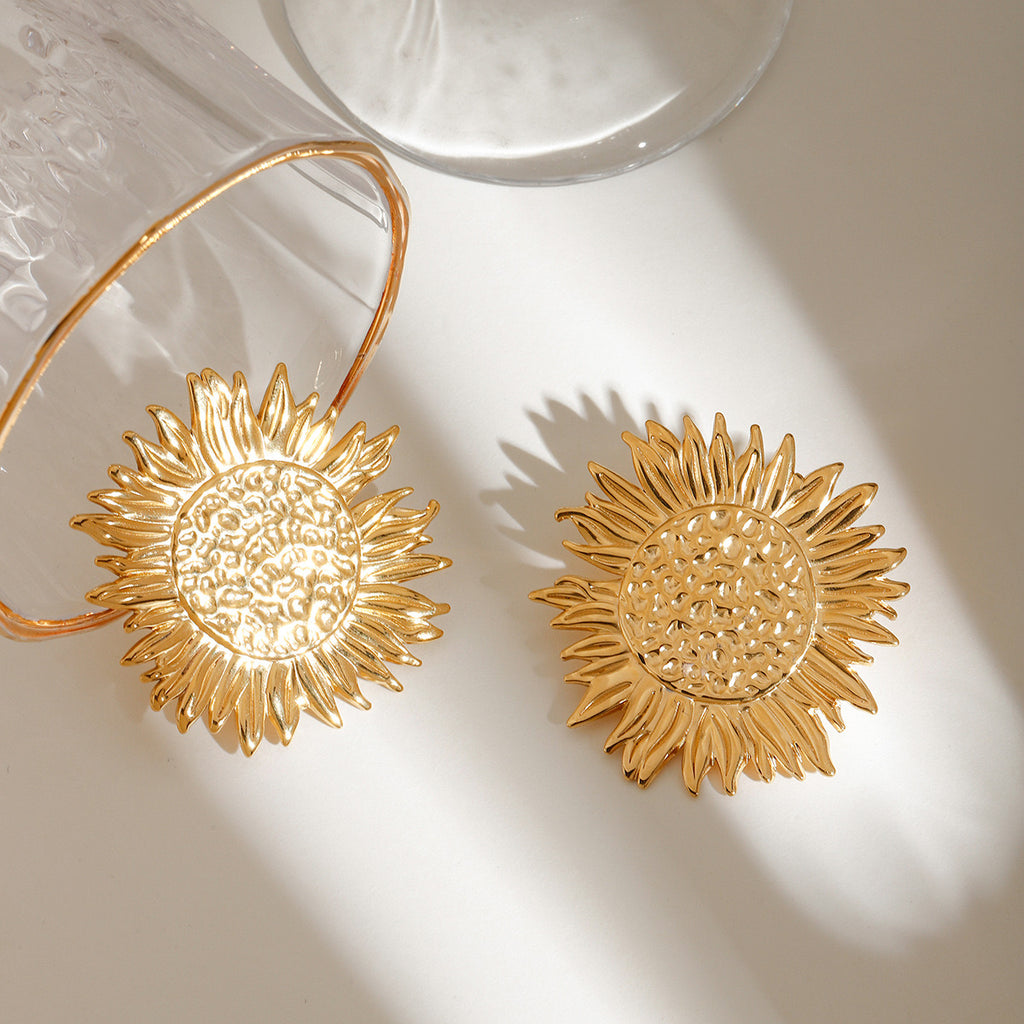 18K Gold Sunflower Statement Stud Earrings