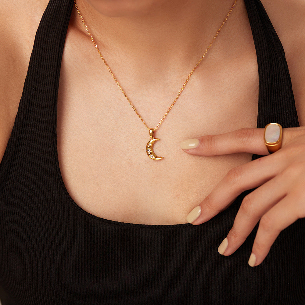 18K Gold Star Adorned Crescent Moon Pendant Necklace