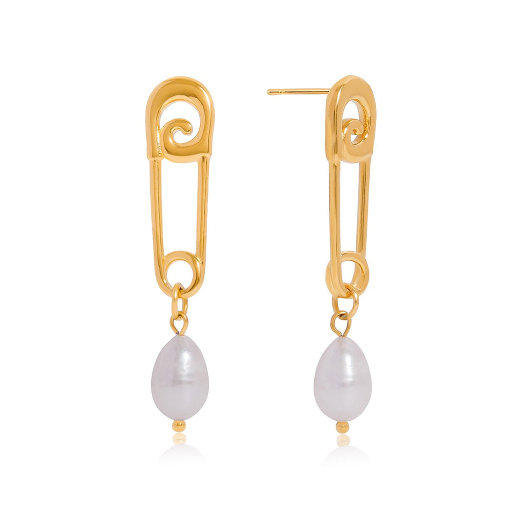 18K Gold Safety Pin Pearl Statement Dangle Stud Earrings