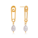 18K Gold Safety Pin Pearl Statement Dangle Stud Earrings