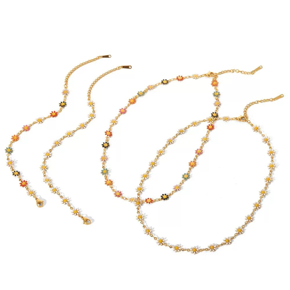 18K Gold White Daisy Flower Chain Choker Necklace