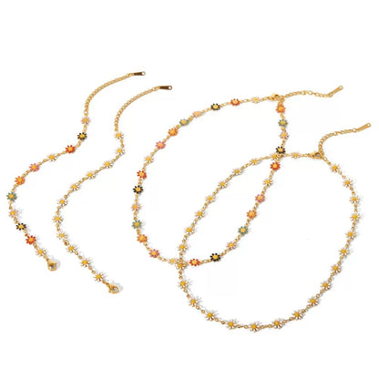 18K Gold White Daisy Flower Chain Choker Necklace