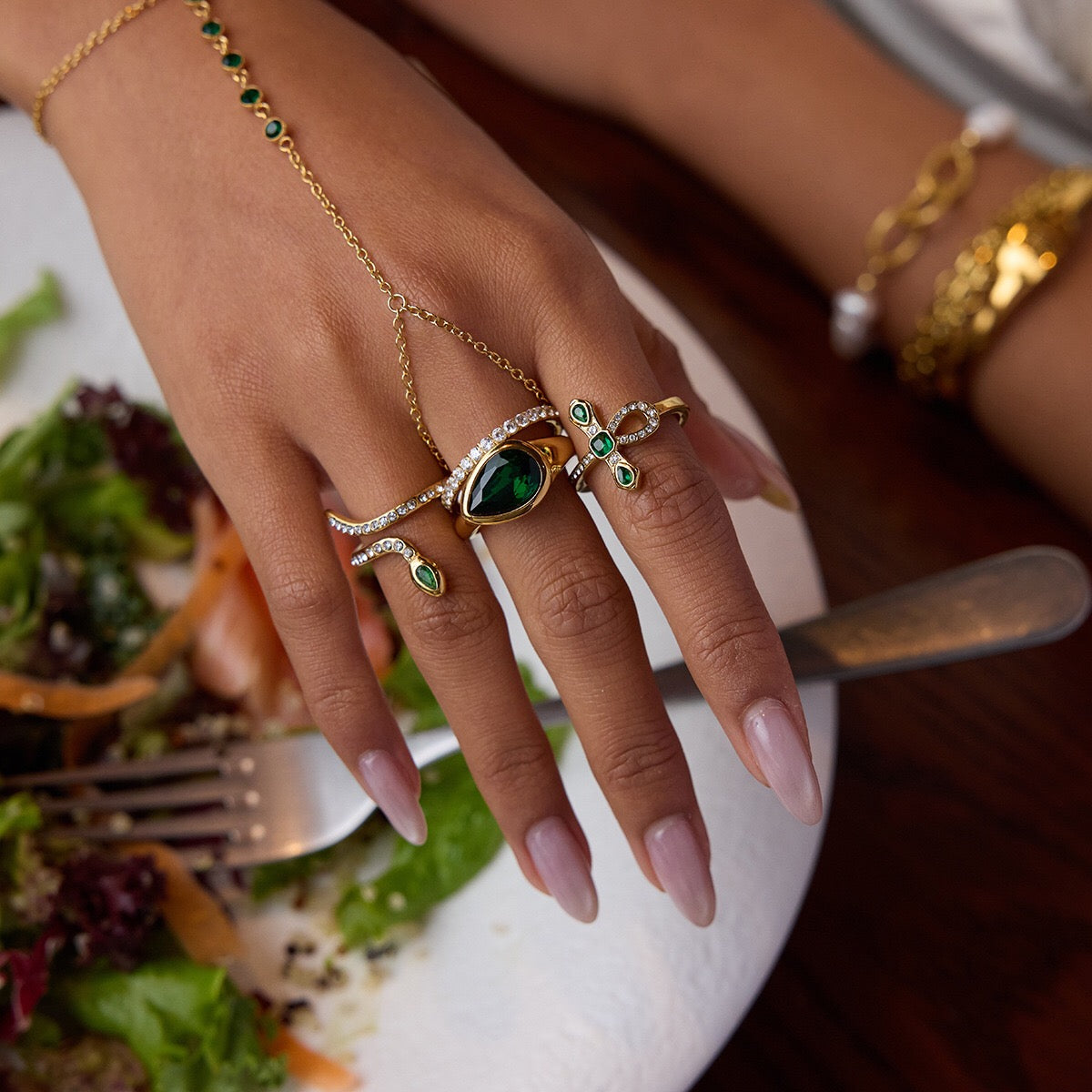 18K Gold Emerald Heiress Cross Snake Statement CZ Cocktail Ring