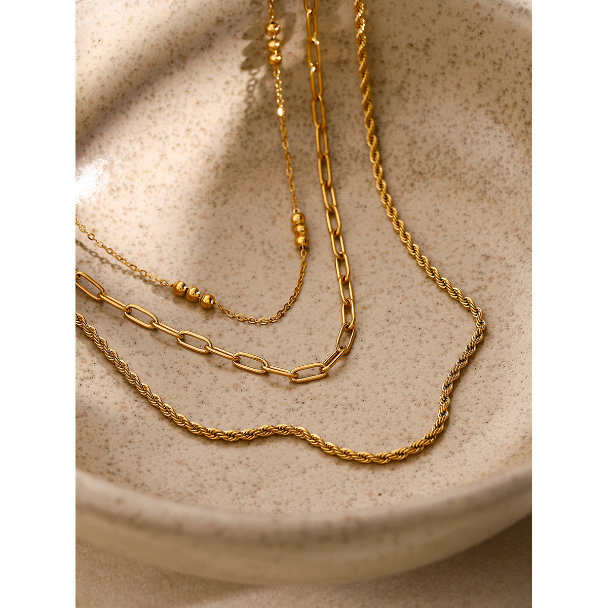 18K Gold Paperclip Rope Chain Beaded Layered Necklace Set