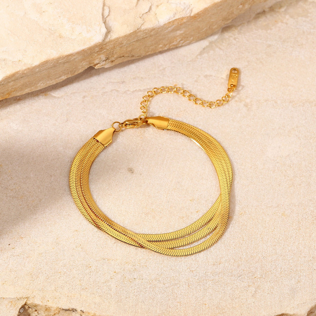 18K Gold Herringbone Snake Triple Chain Bracelet Stack