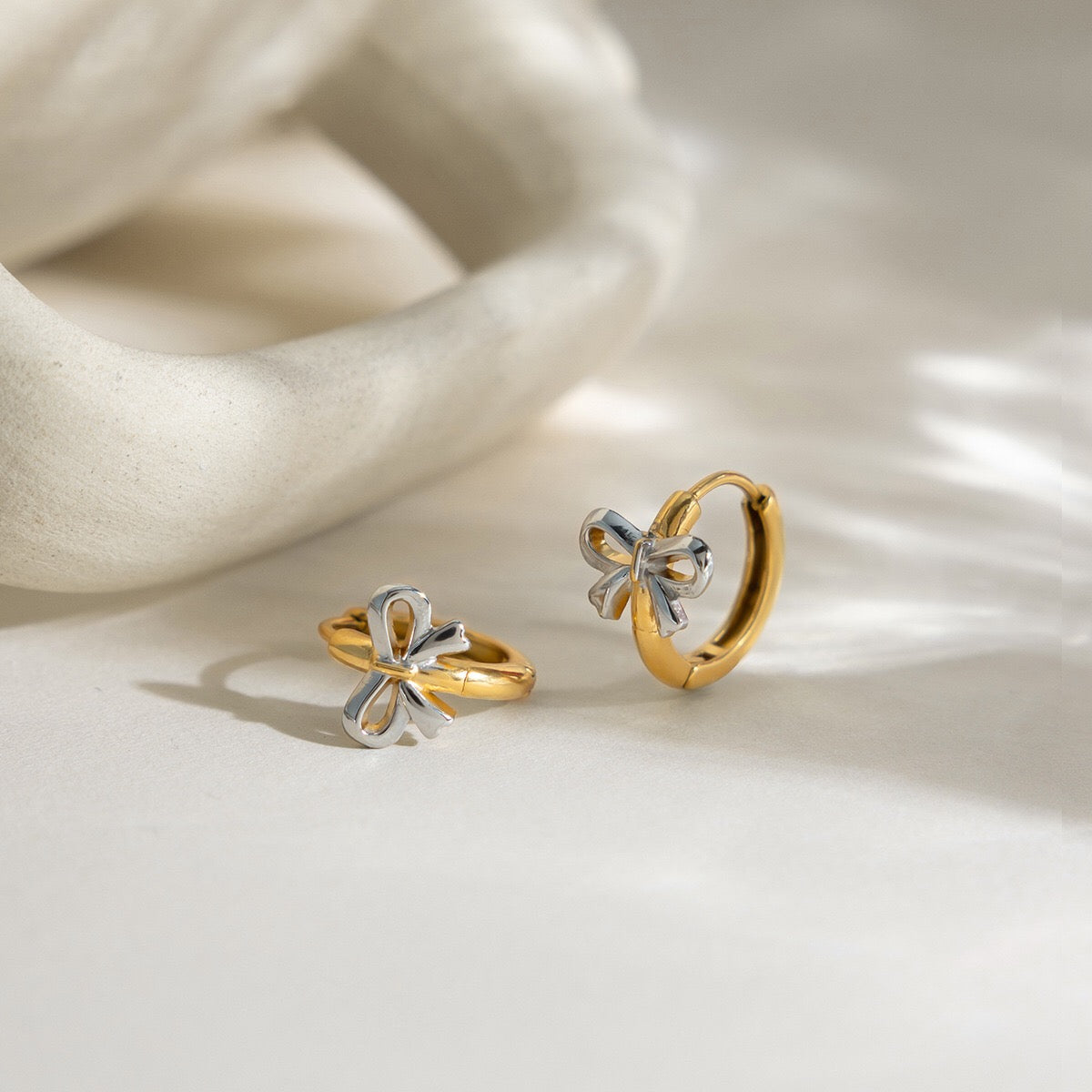 18K Gold and Silver Two Tone Bow Small Hoop Huggie Earrings