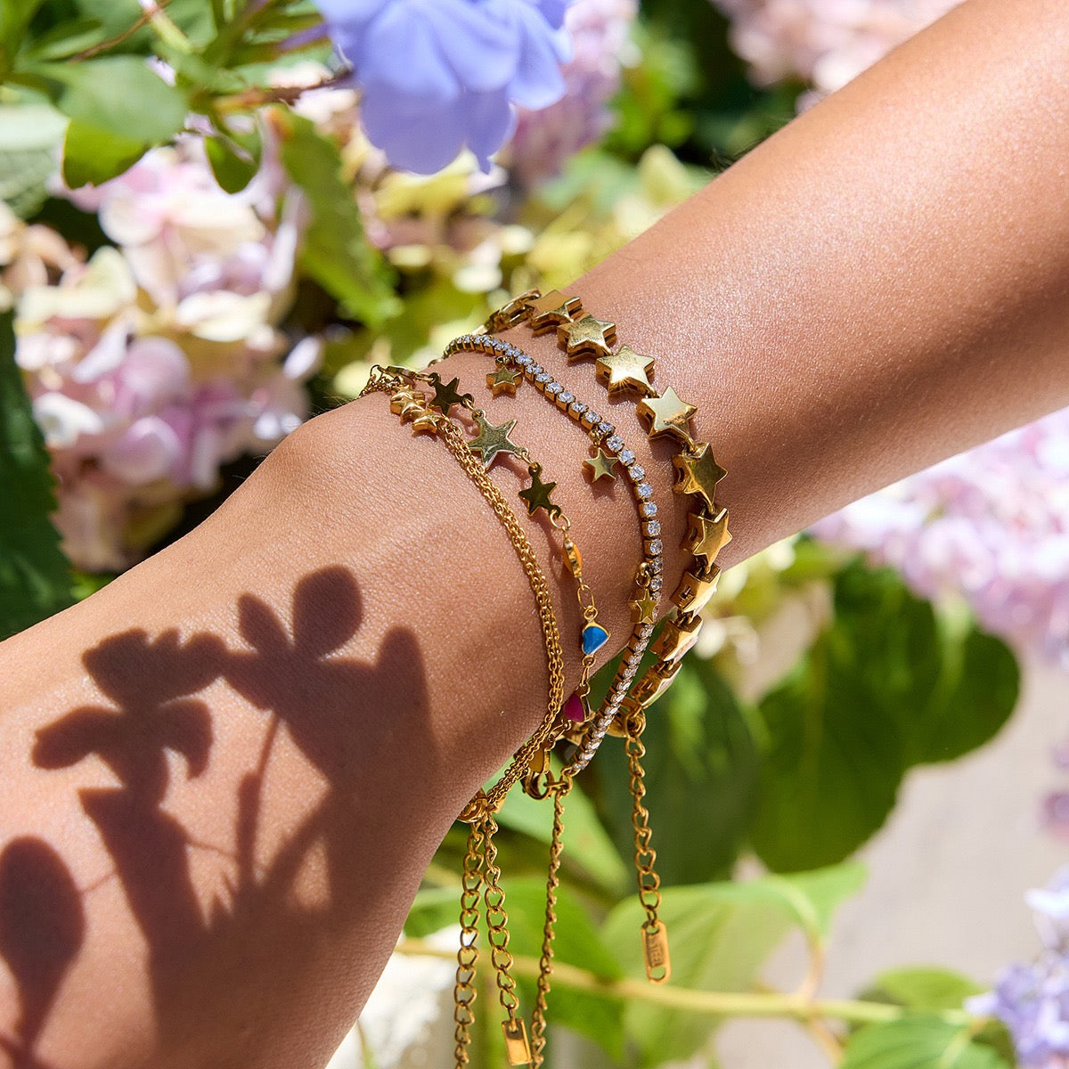 18K Gold Stars Align Dainty Chain Colorful Hearts Bracelet Stack