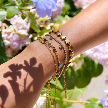 18K Gold Stars Align Dainty Chain Colorful Hearts Bracelet Stack