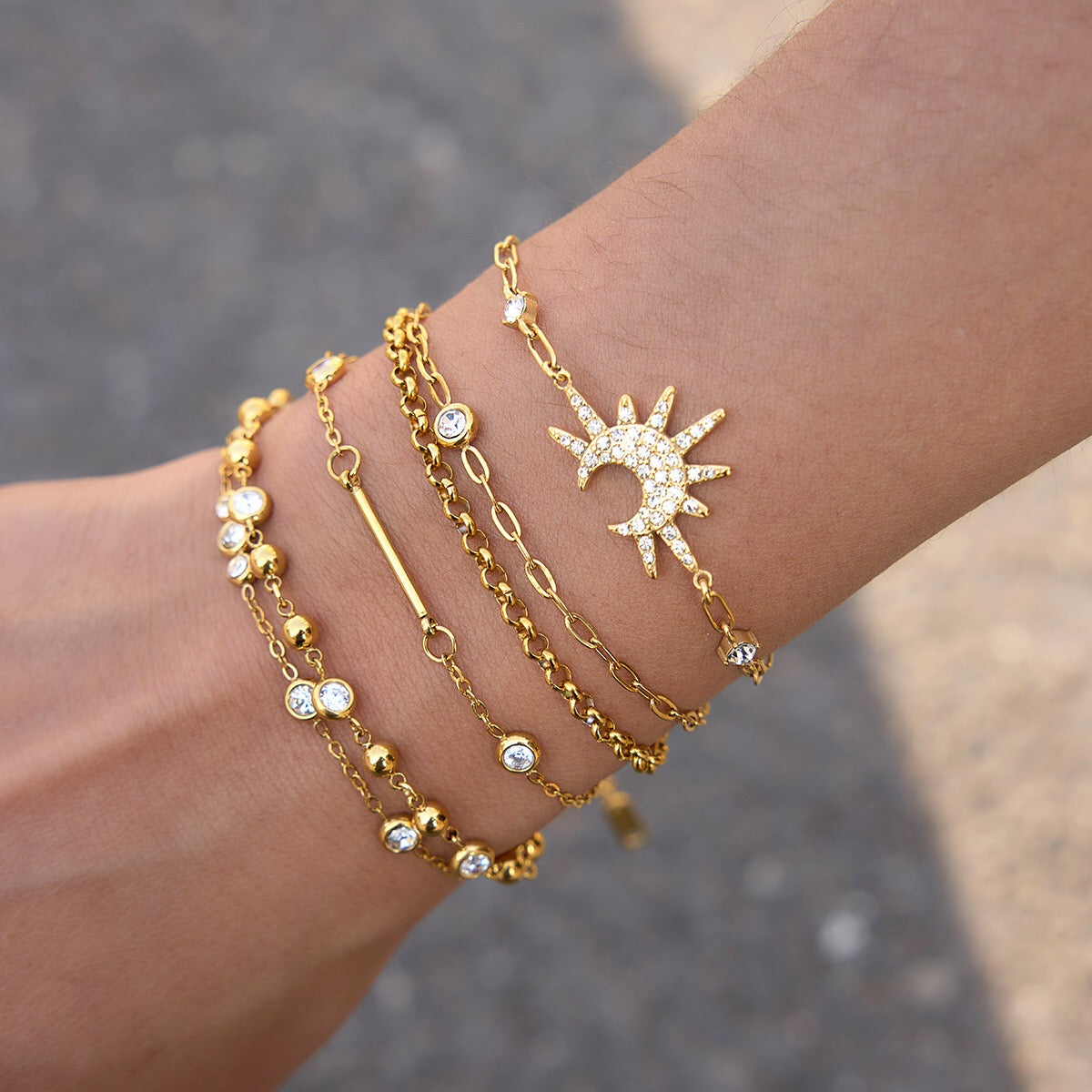 18K Gold Starry Light Dainty Bezel Beaded Chain Bracelet