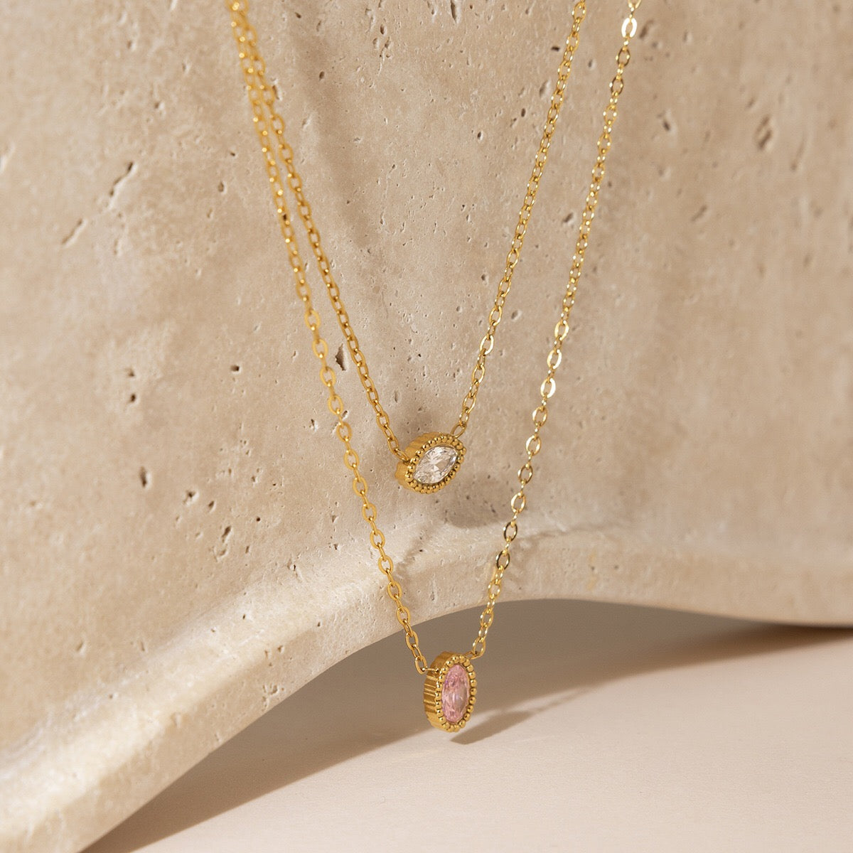18K Gold Subtle Pink Dainty Bezel Pendant Necklace