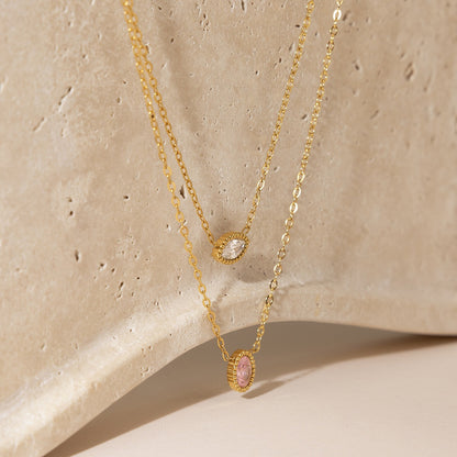 18K Gold Subtle Pink Dainty Bezel Pendant Necklace