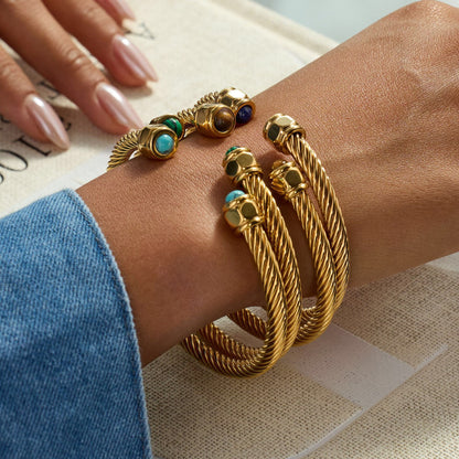 18K Gold Natural Stone Twisted Ribbed Cuff Bangle Bracelet