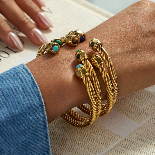 18K Gold Natural Stone Twisted Ribbed Cuff Bangle Bracelet