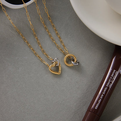 18K Gold and Silver Two Tone Linked Heart Charm Necklace