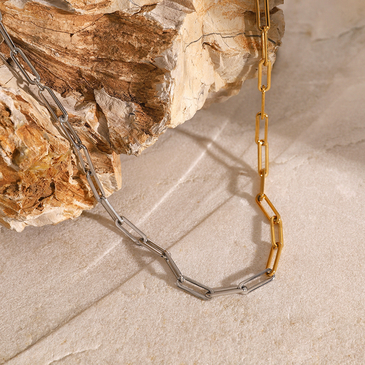 18K Gold Two Tone Paperclip Silver Chain Collar Necklace