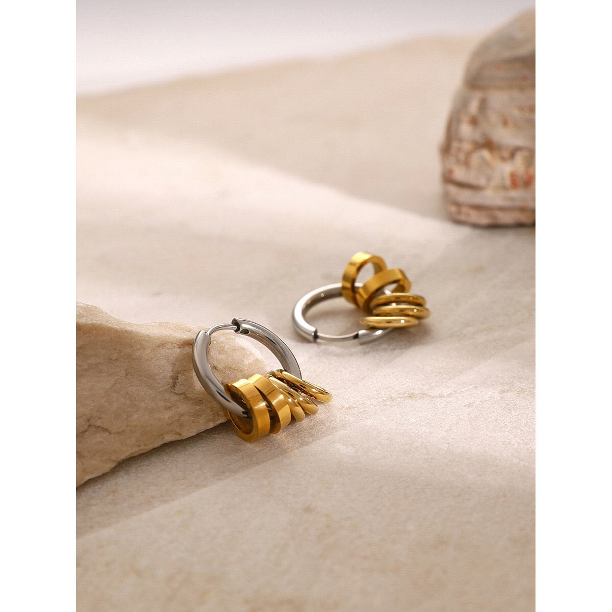 18K Gold and Silver Two Tone Sweet Motion Dangle Hoop Earrings