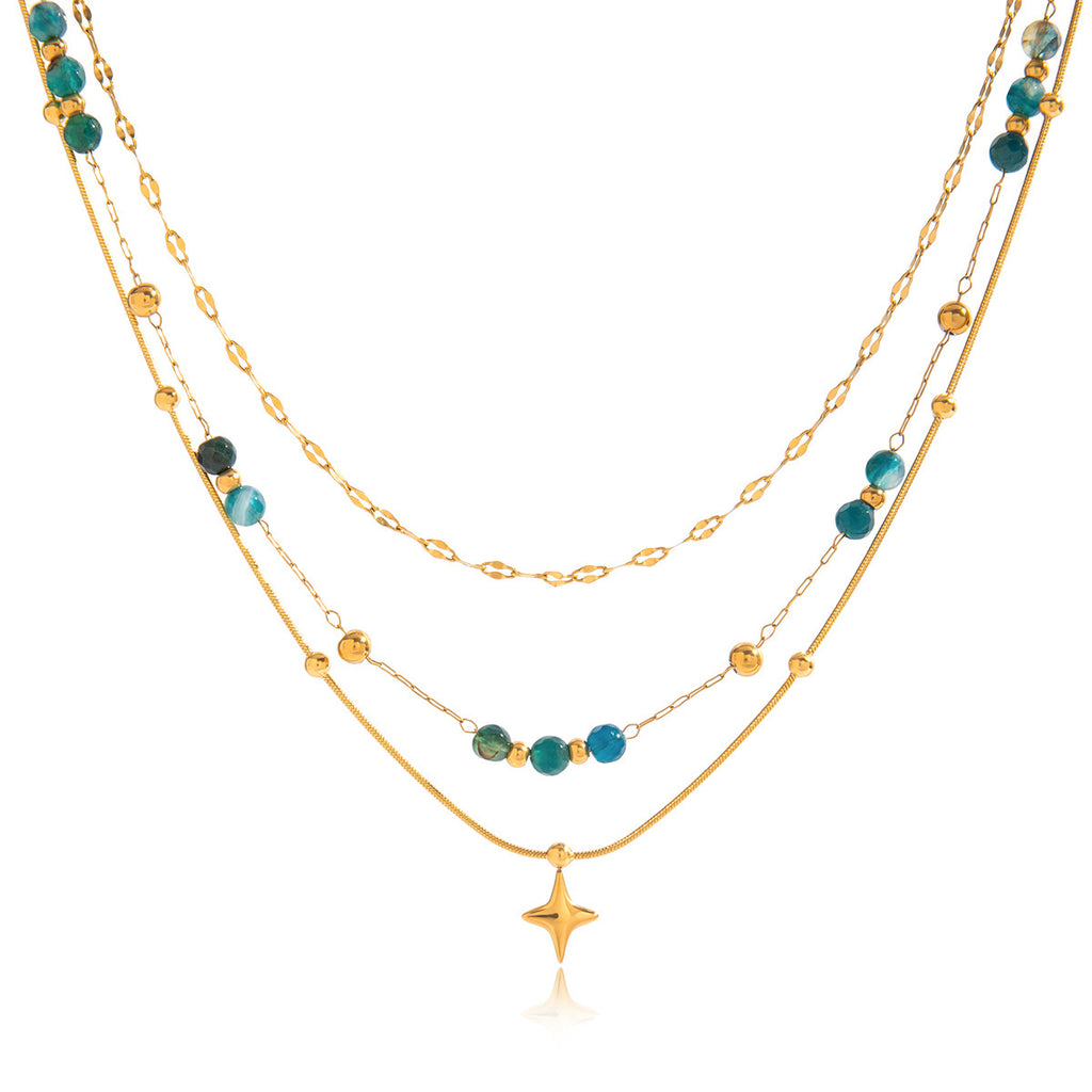 18K Gold Dainty Star Pendant Ocean Blue Beaded Layered Necklace Set