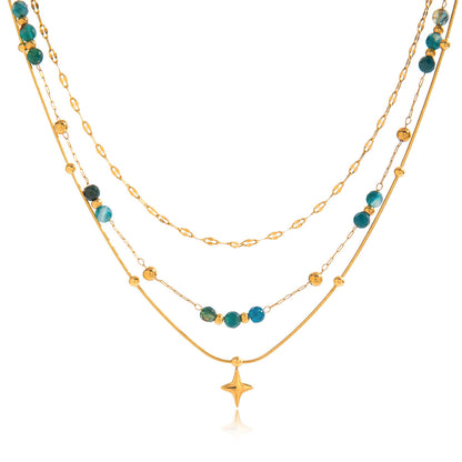 18K Gold Dainty Star Pendant Ocean Blue Beaded Layered Necklace Set