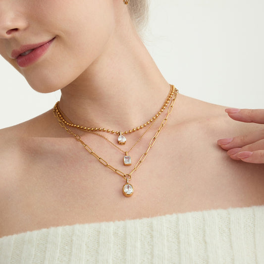 18K Gold Minimal Glow CZ Pendant Paperclip Beaded Chain Layered Necklace Set