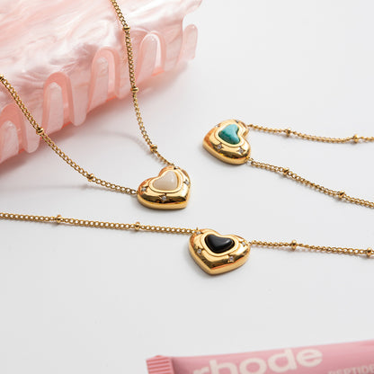 18K Gold Natural Stone Stars Adorned Dainty Heart Pendant Necklace