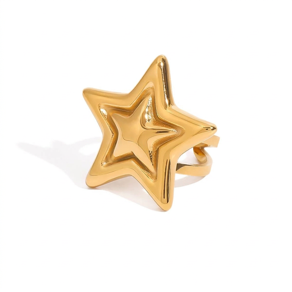 Gold and Silver Two Tone Shiny Star Pendant Necklace & Statement Ring Set