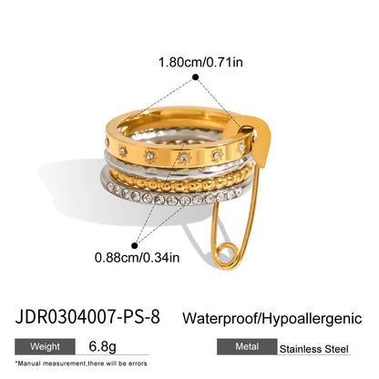 18K Gold Runway Chic Safety Pin CZ Pearl Statement Rings