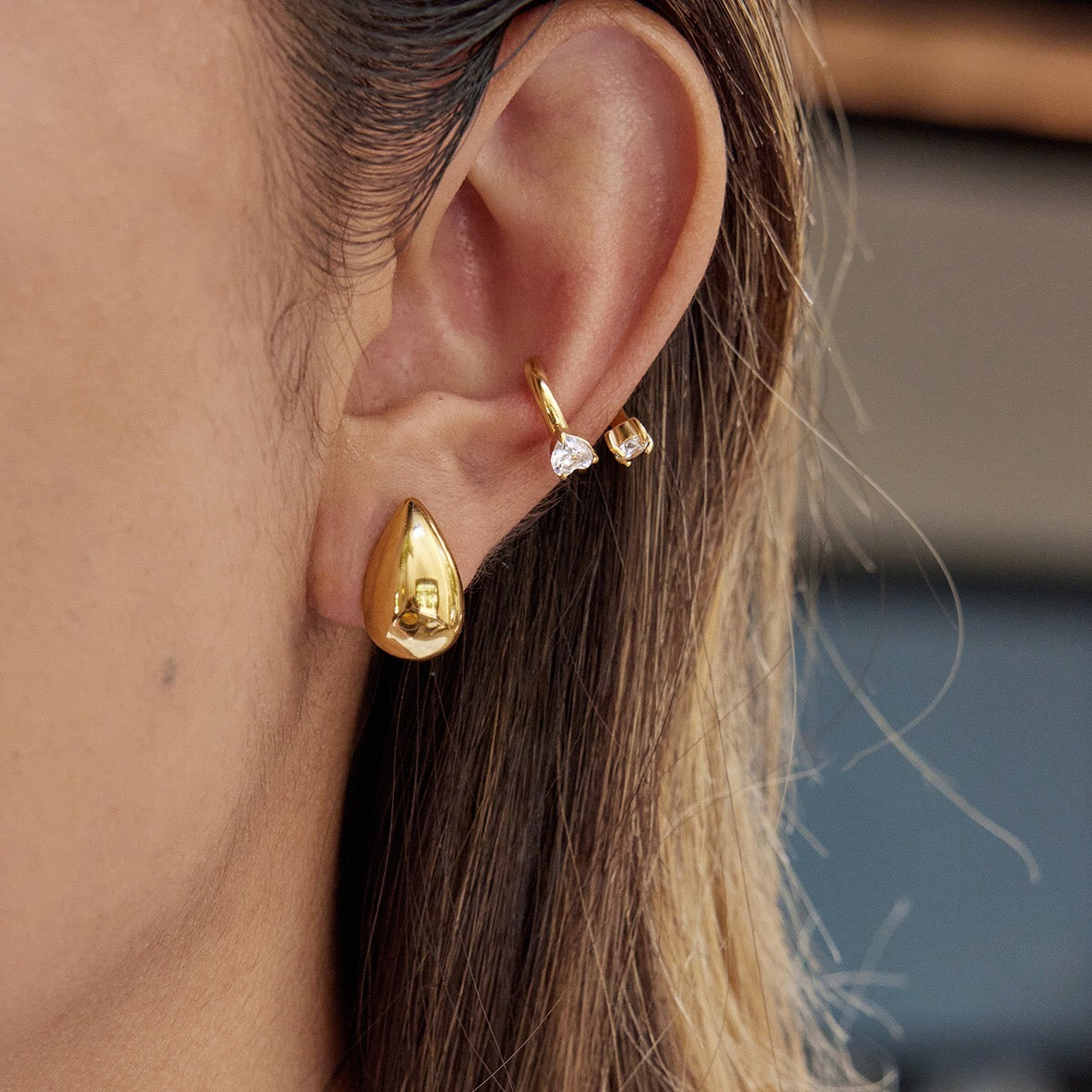 18K Gold Dazzle Huggie Dangle Earrings CZ Ear Cuffs Stack