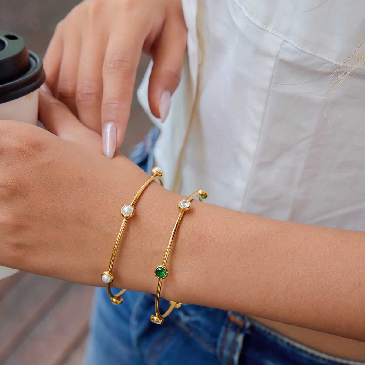 18K Gold Tiny Treasure Statement Slim Bangle Bracelet