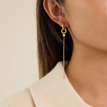 18K Gold Elite Long Drop Small Hoop Huggie Earrings