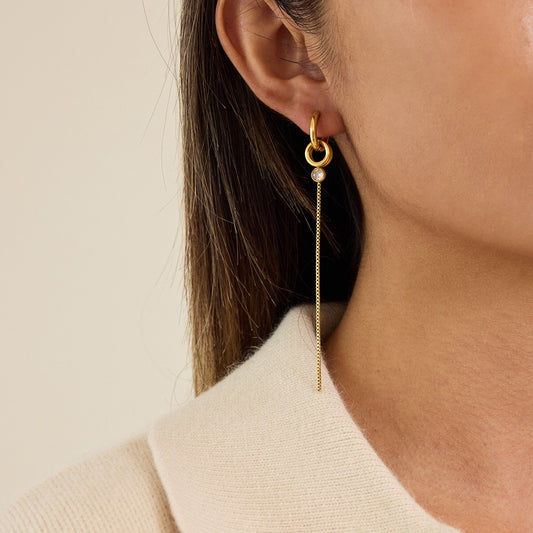 18K Gold Elite Long Drop Small Hoop Huggie Earrings