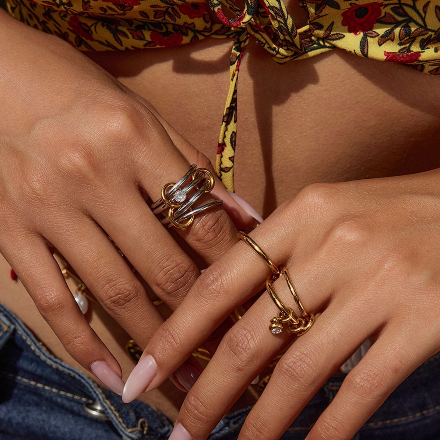 18K Gold and Silver Two Tone Bejeweled Multi Layers Spinelli Stacking Rings