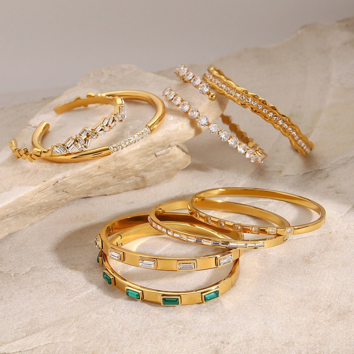 18K Gold Empire Glam CZ Bangle Bracelets Stack