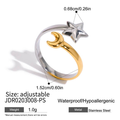 18K Gold Star and Moon Two Tone Silver Ring