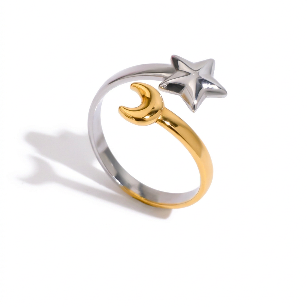 18K Gold and Silver Star and Moon Two Tone Wrap Around Cuff Ring