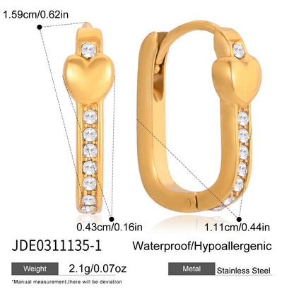 18K Gold Iced Frame Heart Small Rectangle Hoop Huggie Earrings