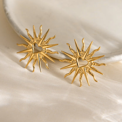18K Gold Sunburst Heart Statement Stud Earrings