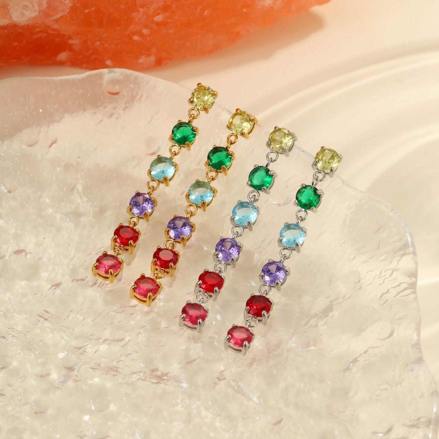 18K Gold Rainbow Tennis Chain Drop Dangle Stud Earrings