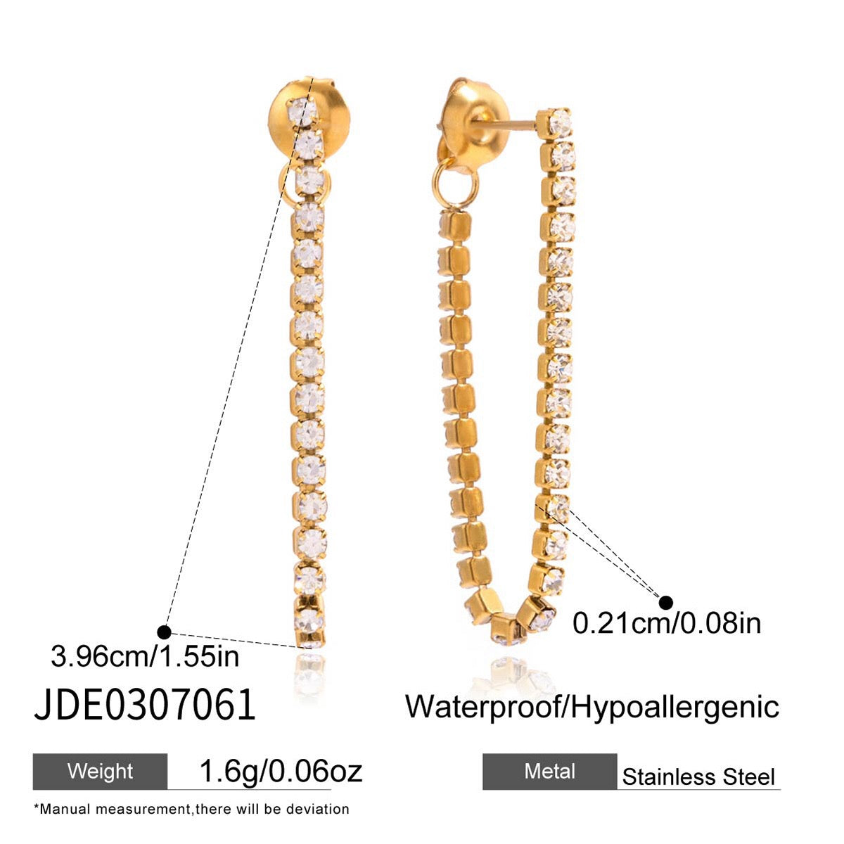 18K Gold Glimmer Dainty Tennis Chain Dangle Drop Earrings