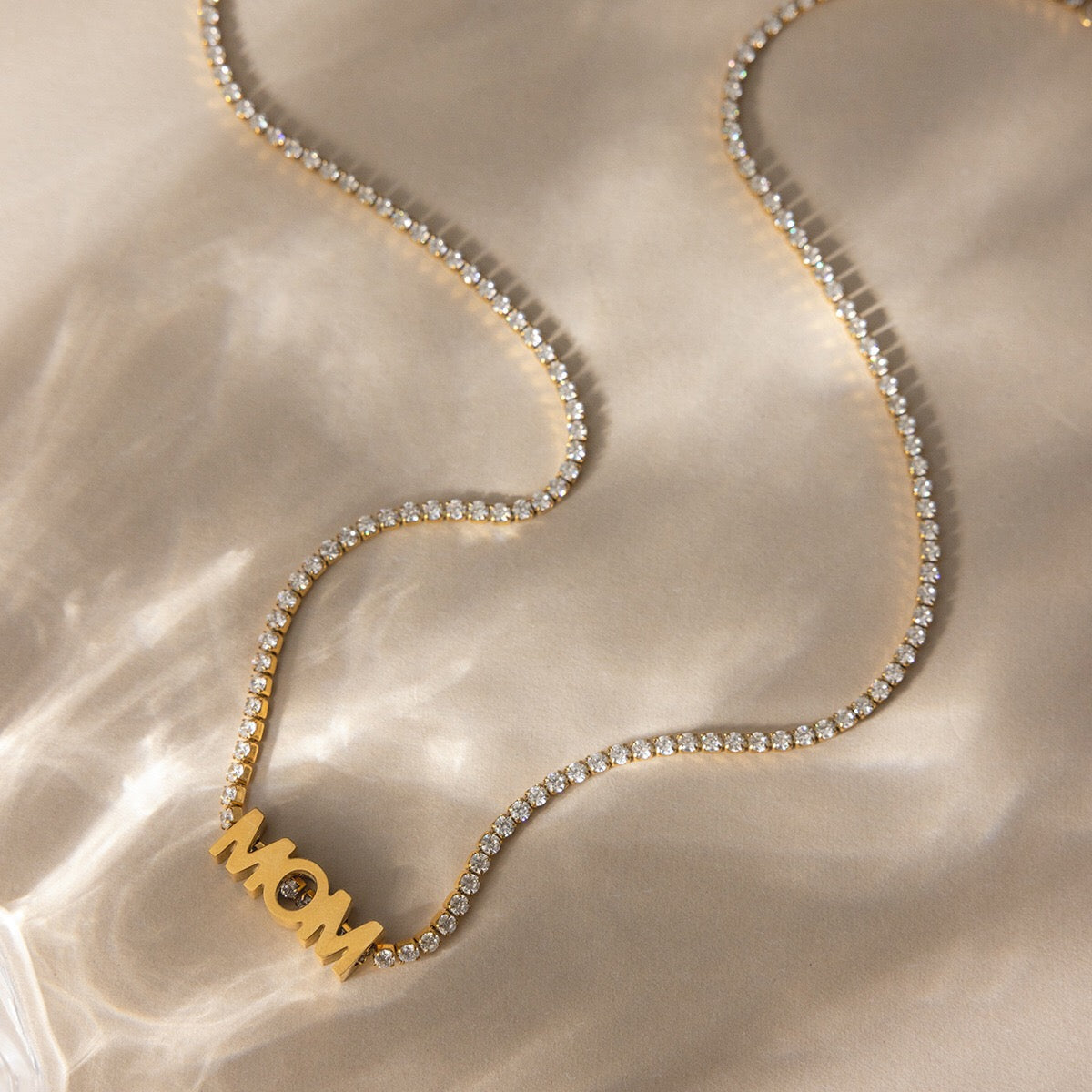 18K Gold Endless Love MOM Charm Tennis Necklace