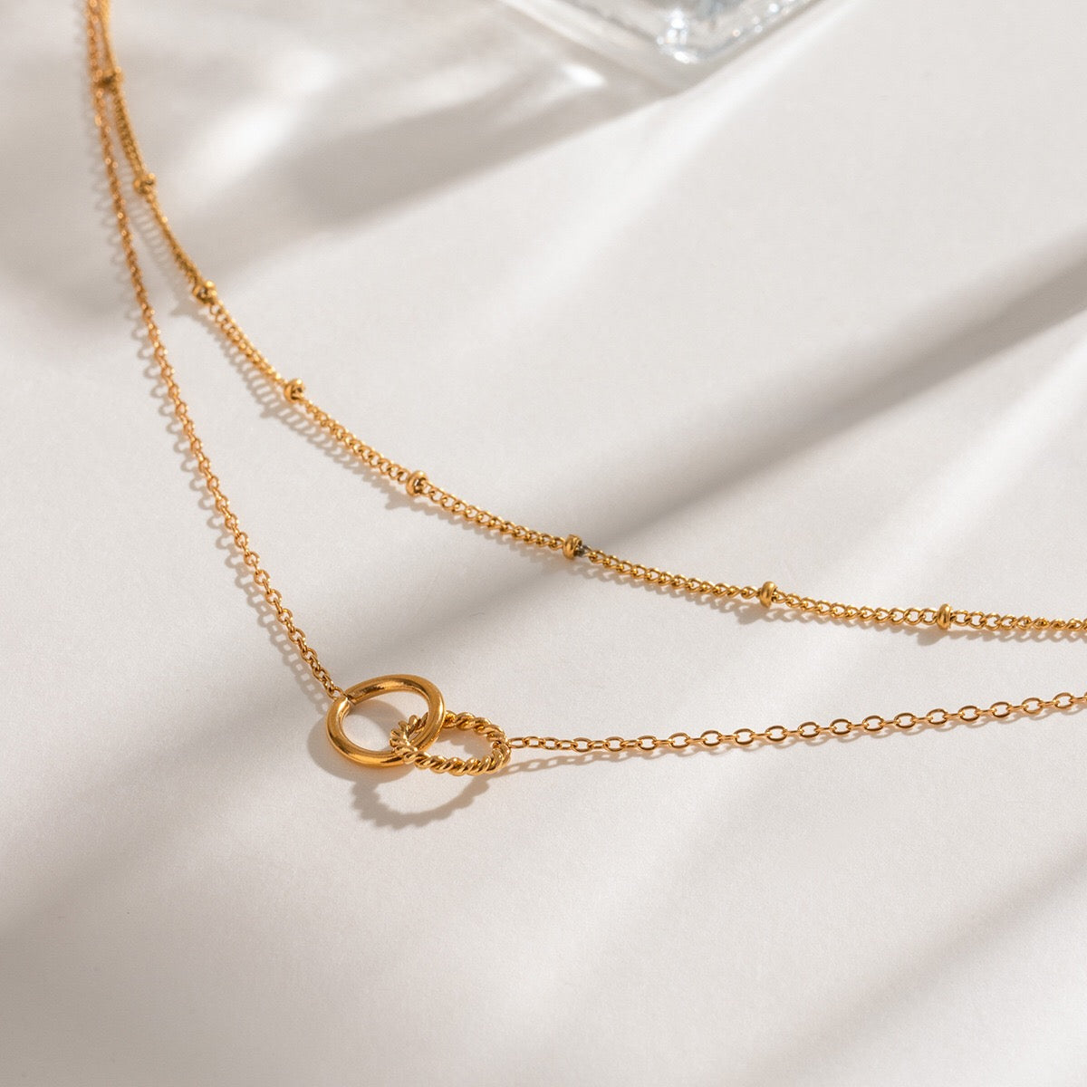 18K Gold Lingering Dainty Pendant Double Chain Layered Necklace
