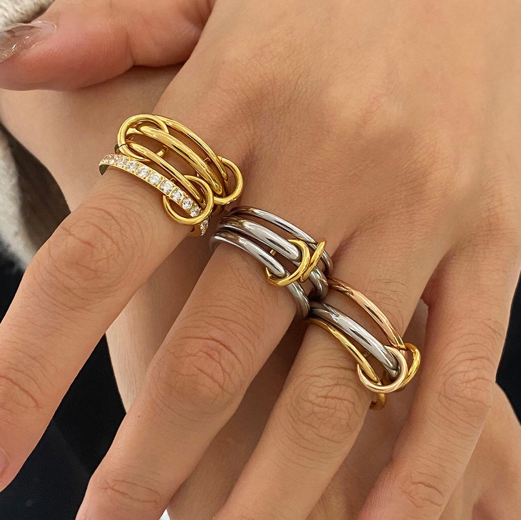 18K Gold and Silver Two Tone Connected Multi Layers Spinelli Trinity Stacking Rings