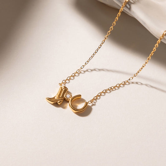 18K Gold Cowgirl Spirit Horseshoe Cowboy Boots Dainty Pendant Necklace