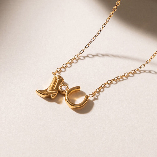 18K Gold Cowgirl Spirit Horseshoe Cowboy Boots Dainty Pendant Necklace