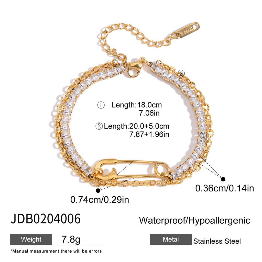 18K Gold Safety Pin Tennis Double Chain Heart Bangle Bracelet Stack